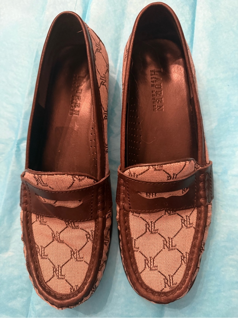 Ralph Lauren Brown Canvas & Leather Monogram Penny Loafers